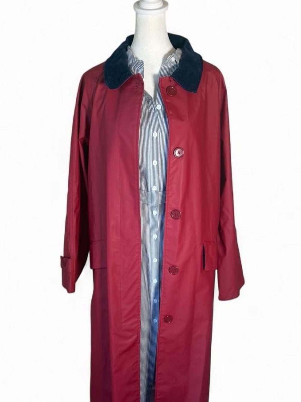 Vintage Talbots Red Long Trench Coat with Navy Corduroy Collar- Large